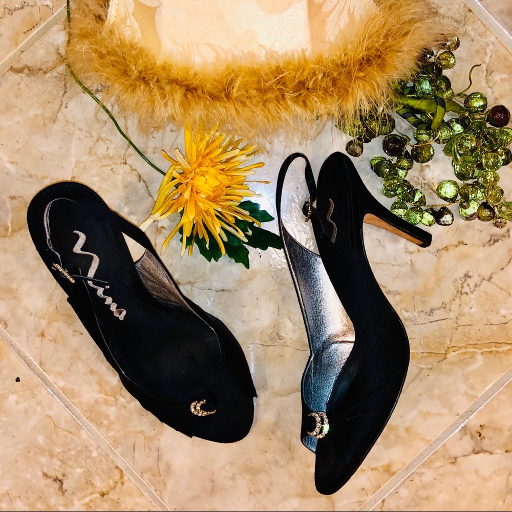 Nina Black Satin Silk Pumps,prom Peep Toe Sling,9M